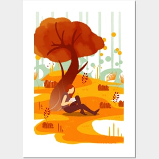 Autumn Reading Girl Under The Tree Posters and Art